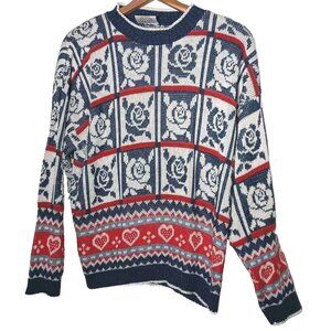 Rose Sweater Womens Pullover Blue Red Floral Hot Cashews Vintage Retro